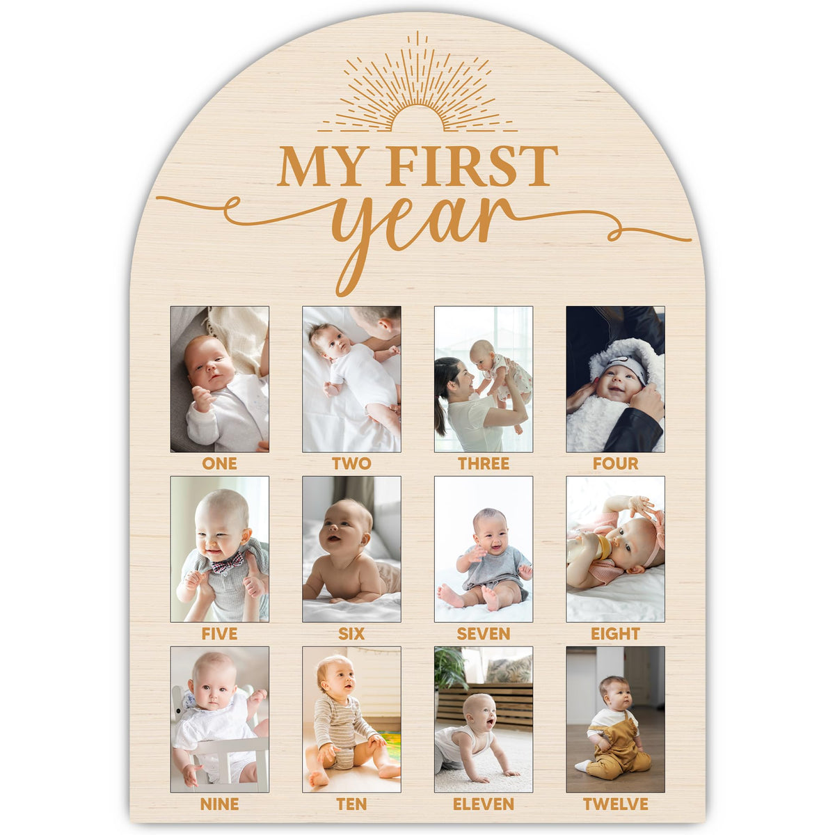 SIXEIGHT one-year wood photo board front view displaying monthly photos