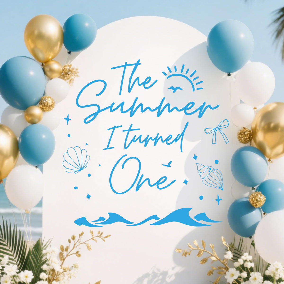 SJcysrilla The Summer I Turned One wall decal on a beach-themed backdrop for photos.