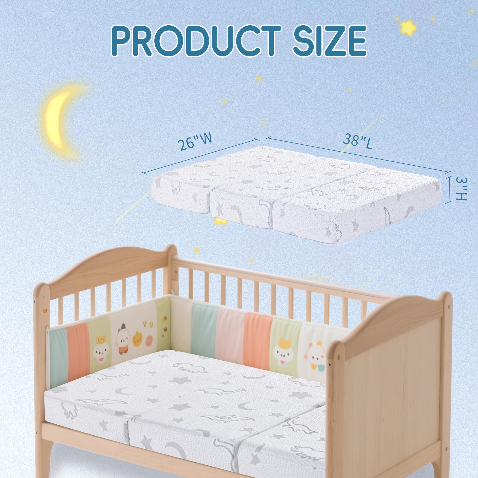 SJEUQOP 38x26 size pack and play mattress fits most mini cribs.