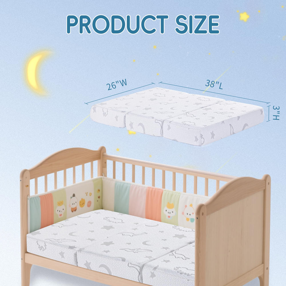 SJEUQOP 38x26 size pack and play mattress fits most mini cribs.