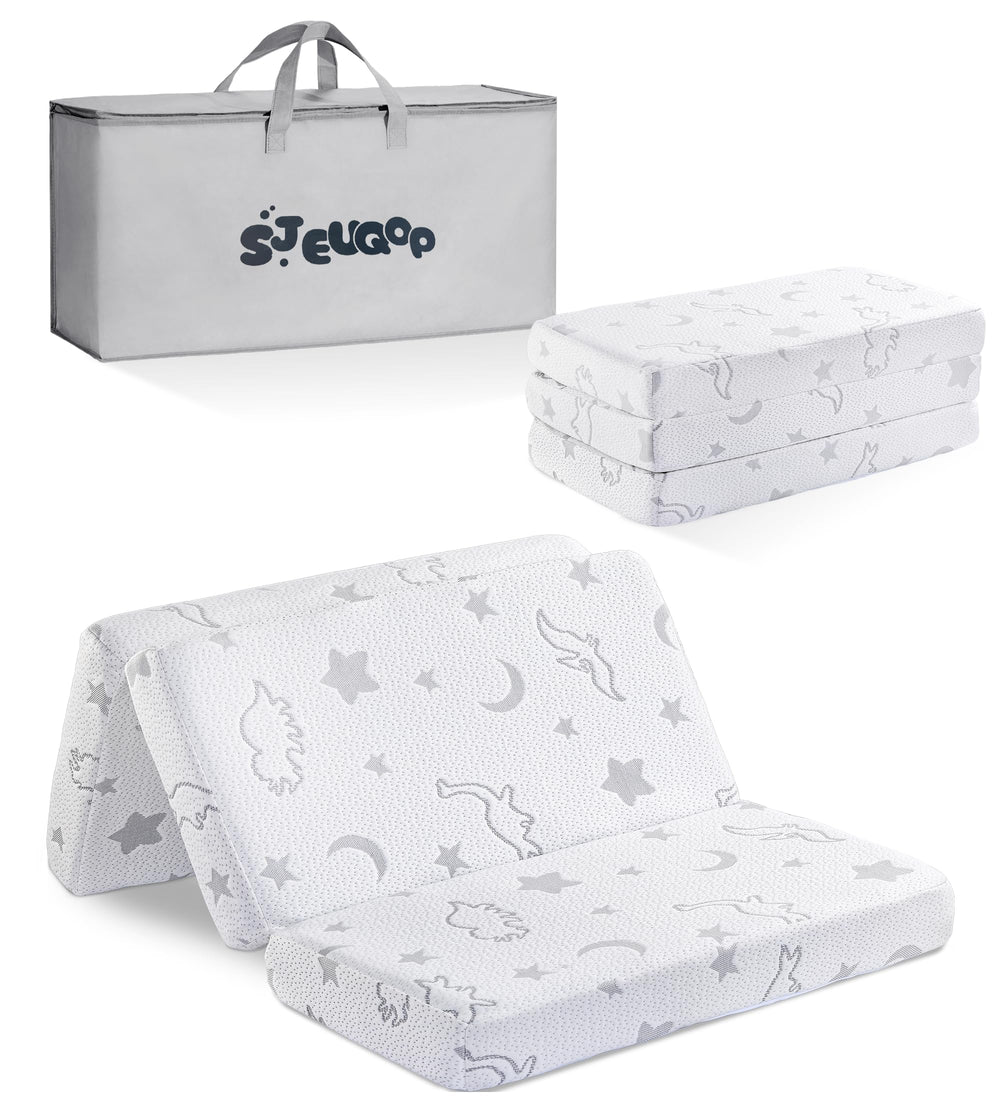 SJEUQOP trifold pack and play mattress folded for travel and storage.