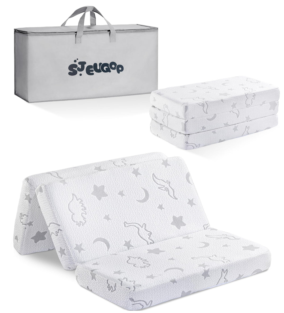SJEUQOP trifold pack and play mattress folded for travel and storage.