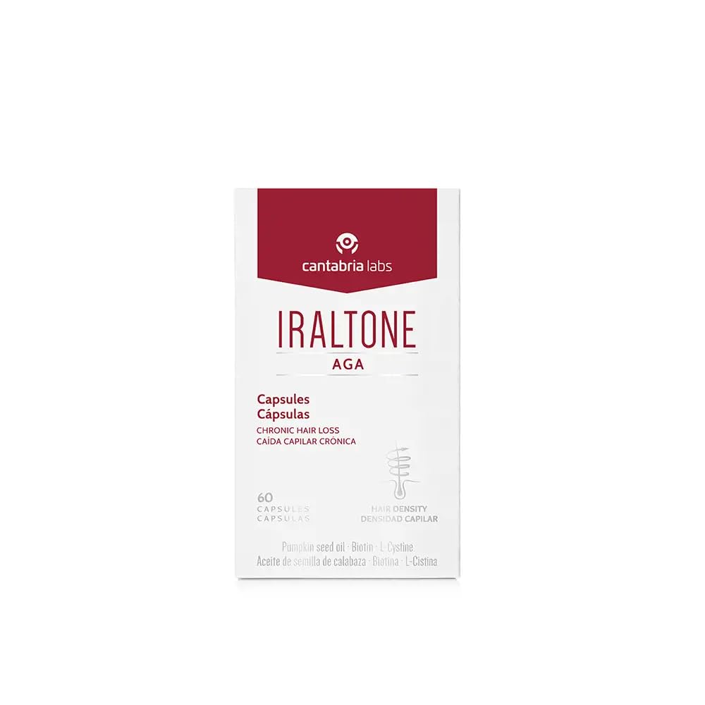 Iraltone AGA ingredients panel featuring pumpkin seed oil and vitamins for hair support.