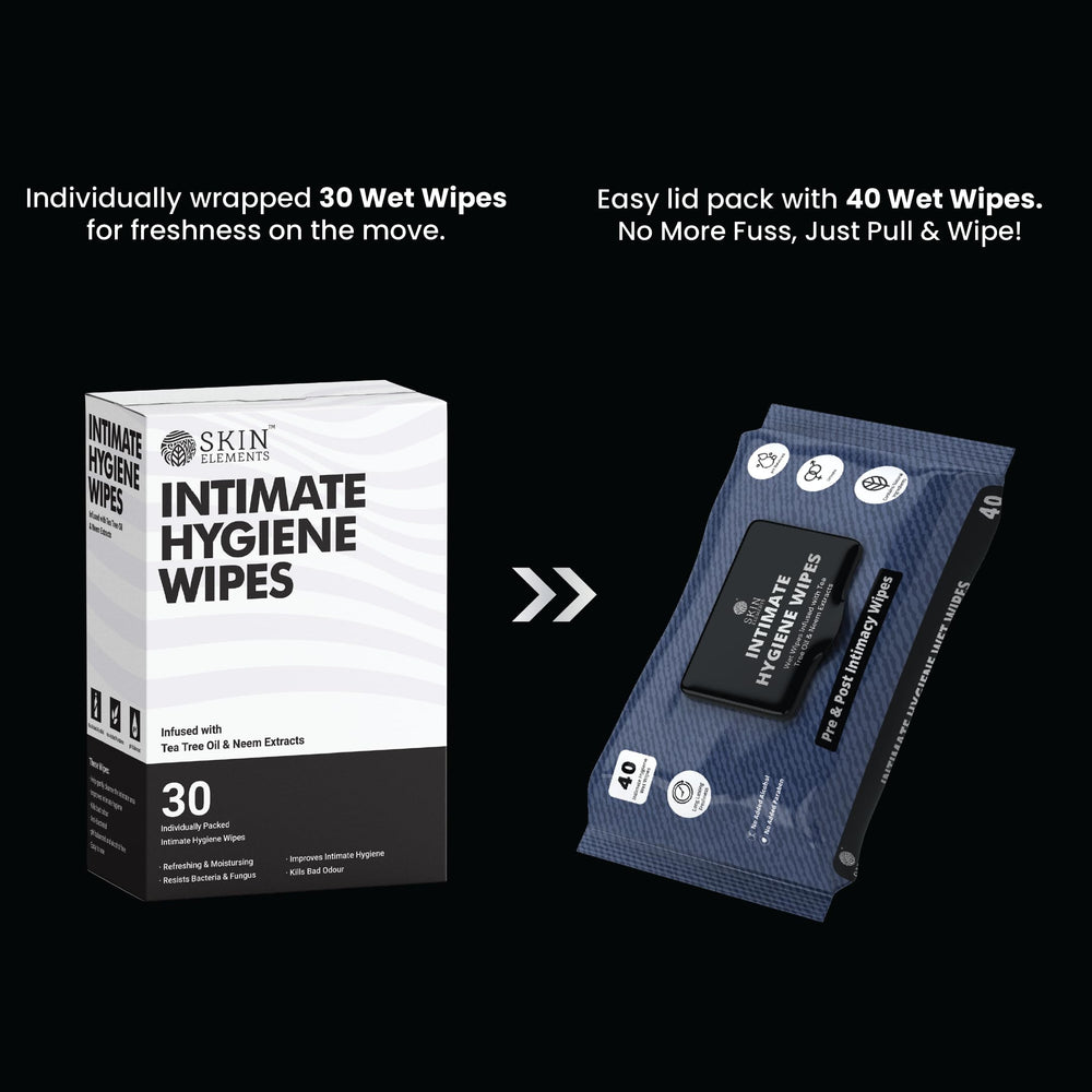 Skin Elements intimate wipes pack shown for convenient pre- and post-intimacy cleansing.