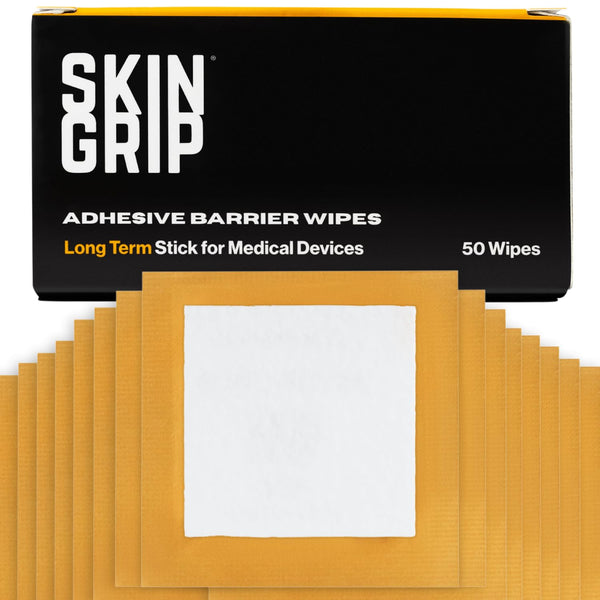 Skin Grip adhesive barrier wipe pack, sterile and portable for secure CGM sensor adhesion.