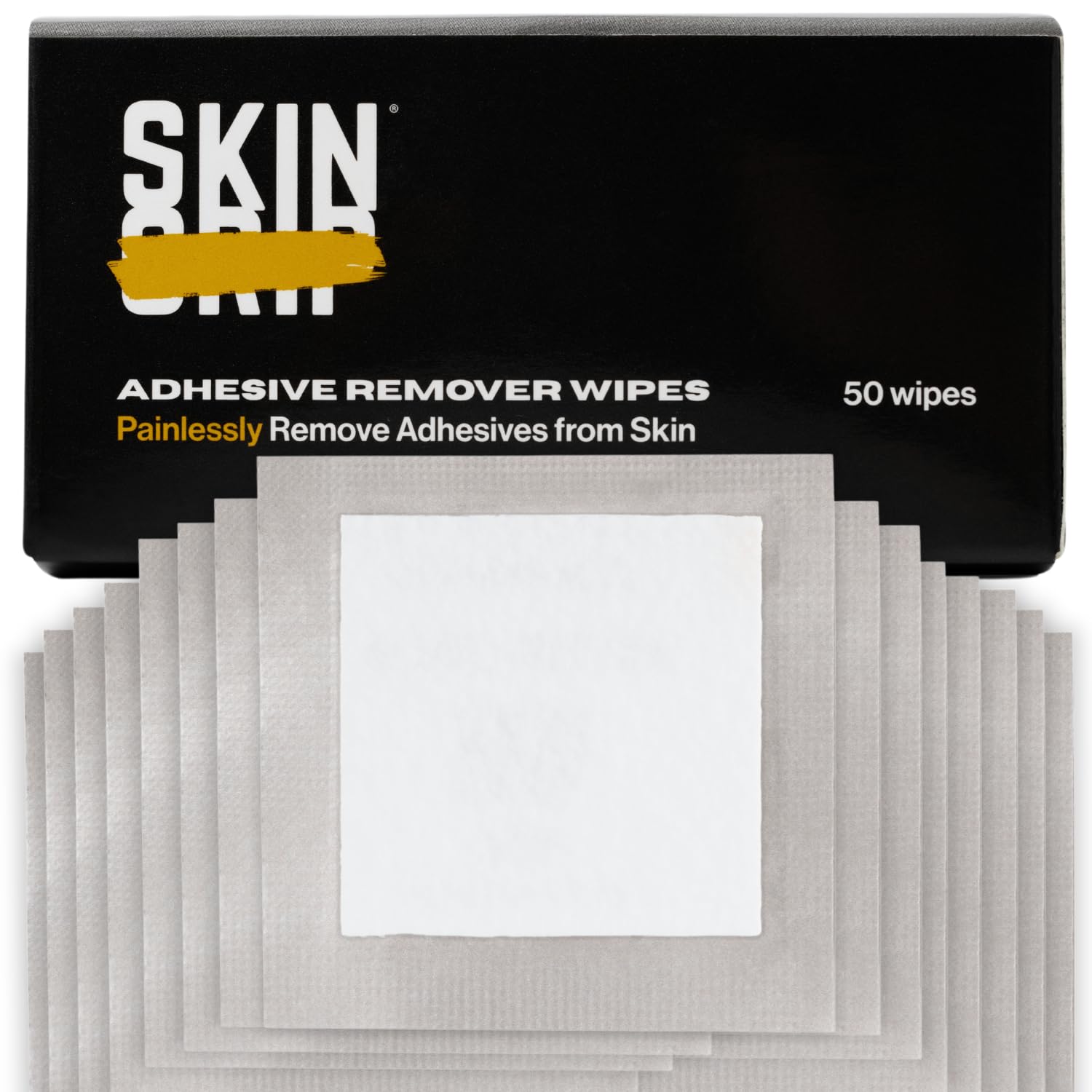 Skin Grip adhesive remover wipes package closeup for easy removal.