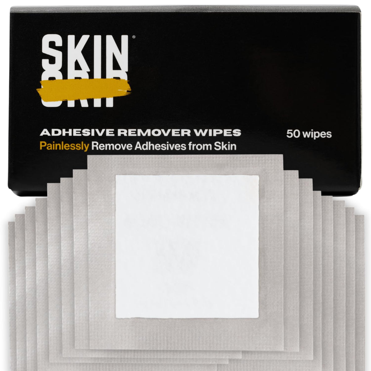 Skin Grip adhesive remover wipes package closeup for easy removal.
