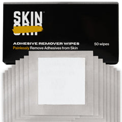 Skin Grip adhesive remover wipes package closeup for easy removal.