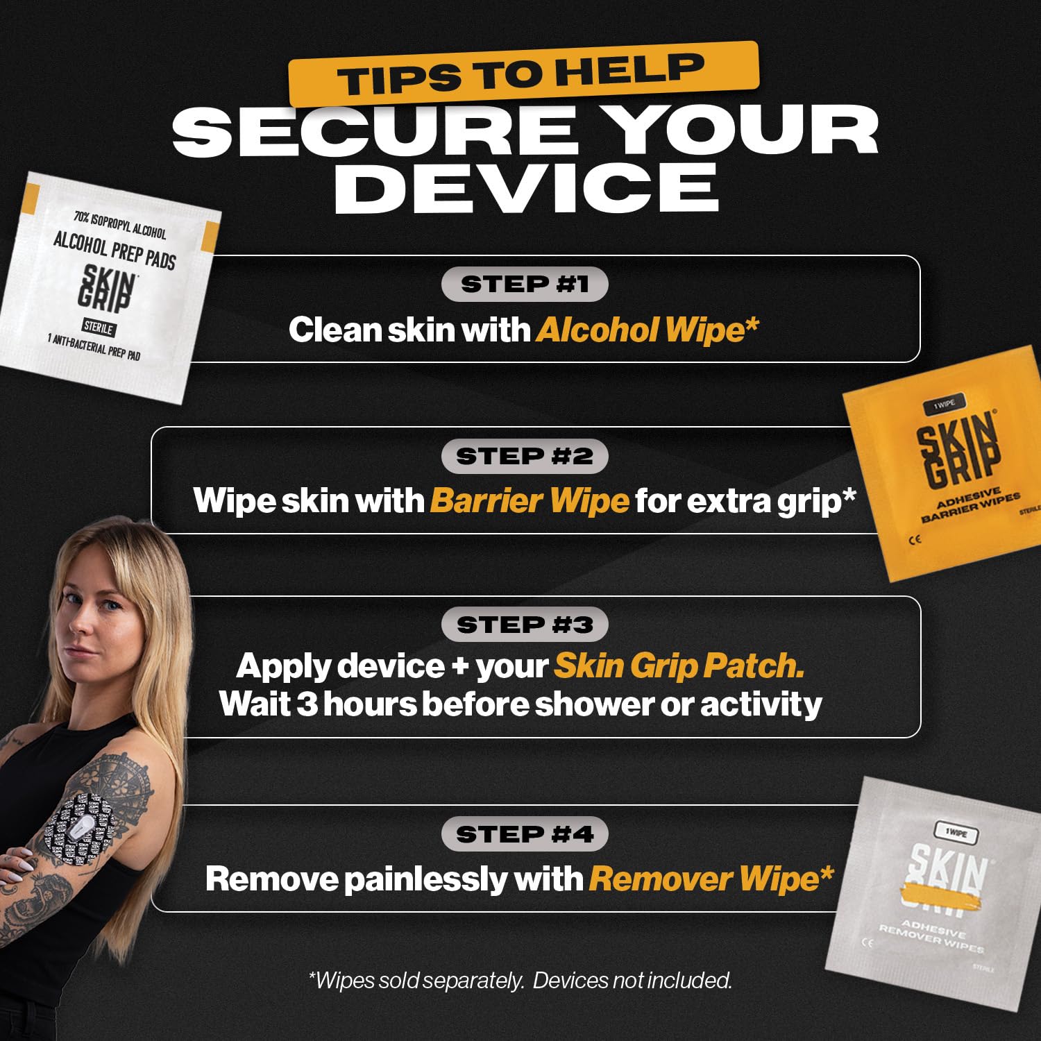 CGM sensor cleanup with Skin Grip wipes supports quick, residue-free removal.