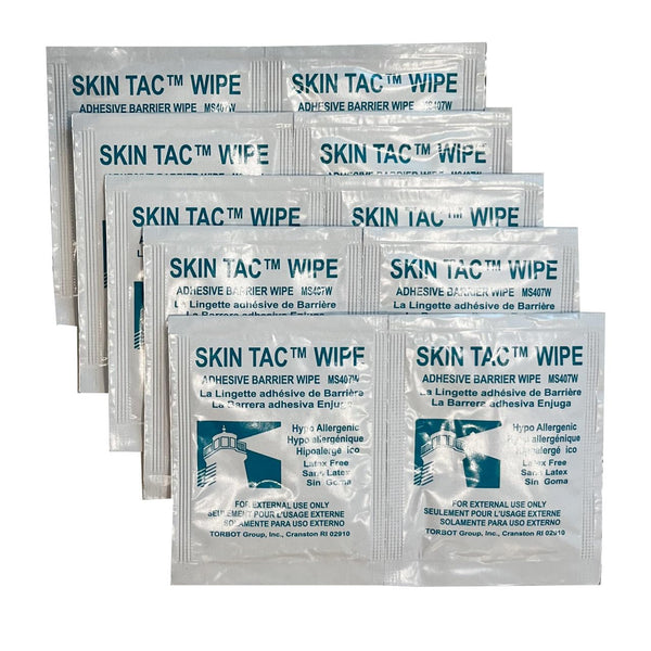 Skin-Tac Adhesive Barrier Wipes packaging demonstrates portable skin prep for adhesives and dressings