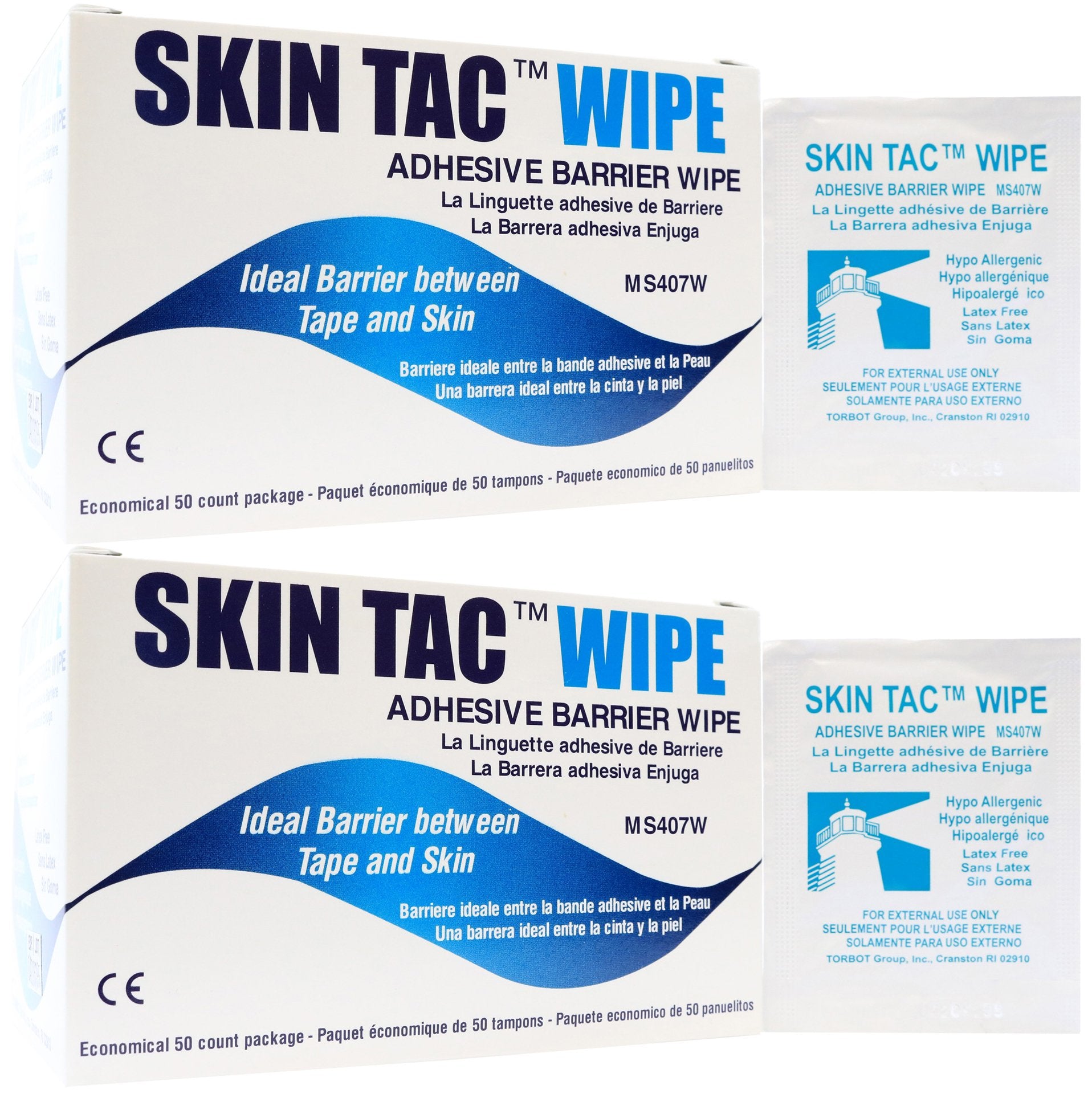 Skin-Tac adhesive barrier wipes packaging, two boxes, convenient skin prep.