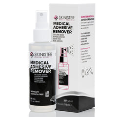 Skinister medical adhesive remover spray bottle facilitating gentle removal of adhesives.