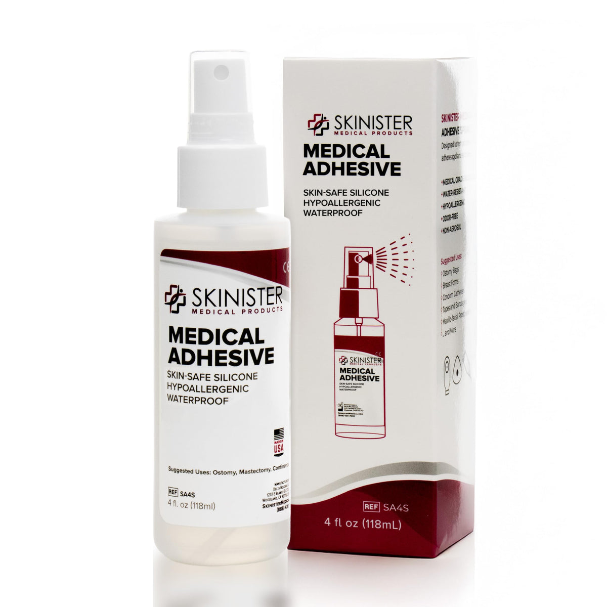 Skinister medical adhesive spray bottle shows secure bonding for ostomy supplies.