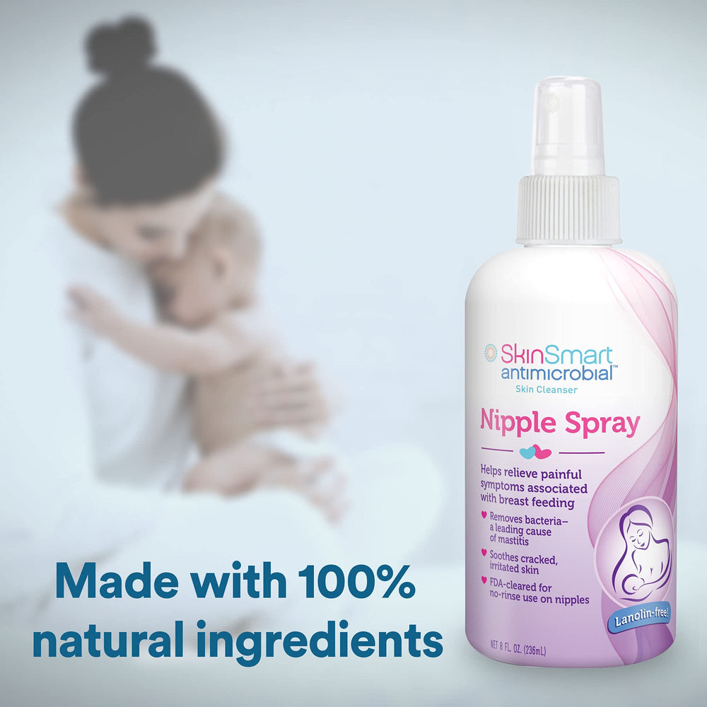 SkinSmart Nipple Relief Spray nozzle closeup, fragrance-free, gentle care.