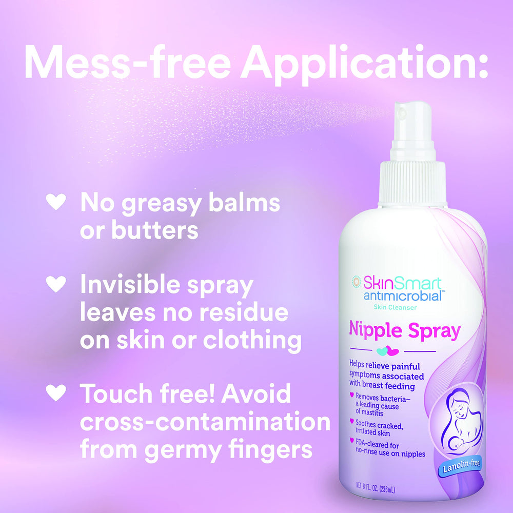 SkinSmart Nipple Relief Spray packaging, convenient for on-the-go moms.