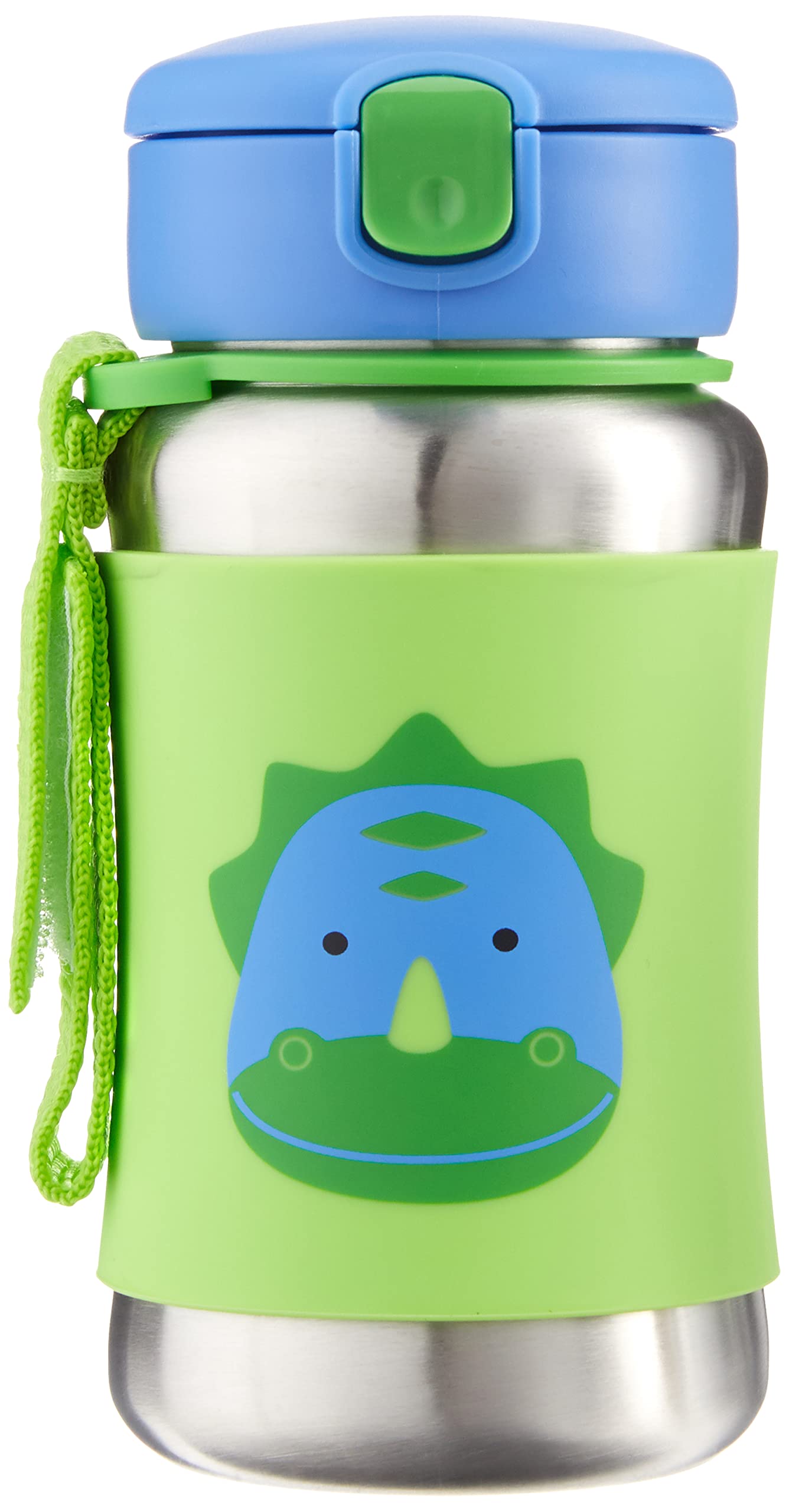 Skip Hop Dino bottle shown with non-slip sleeve for grip