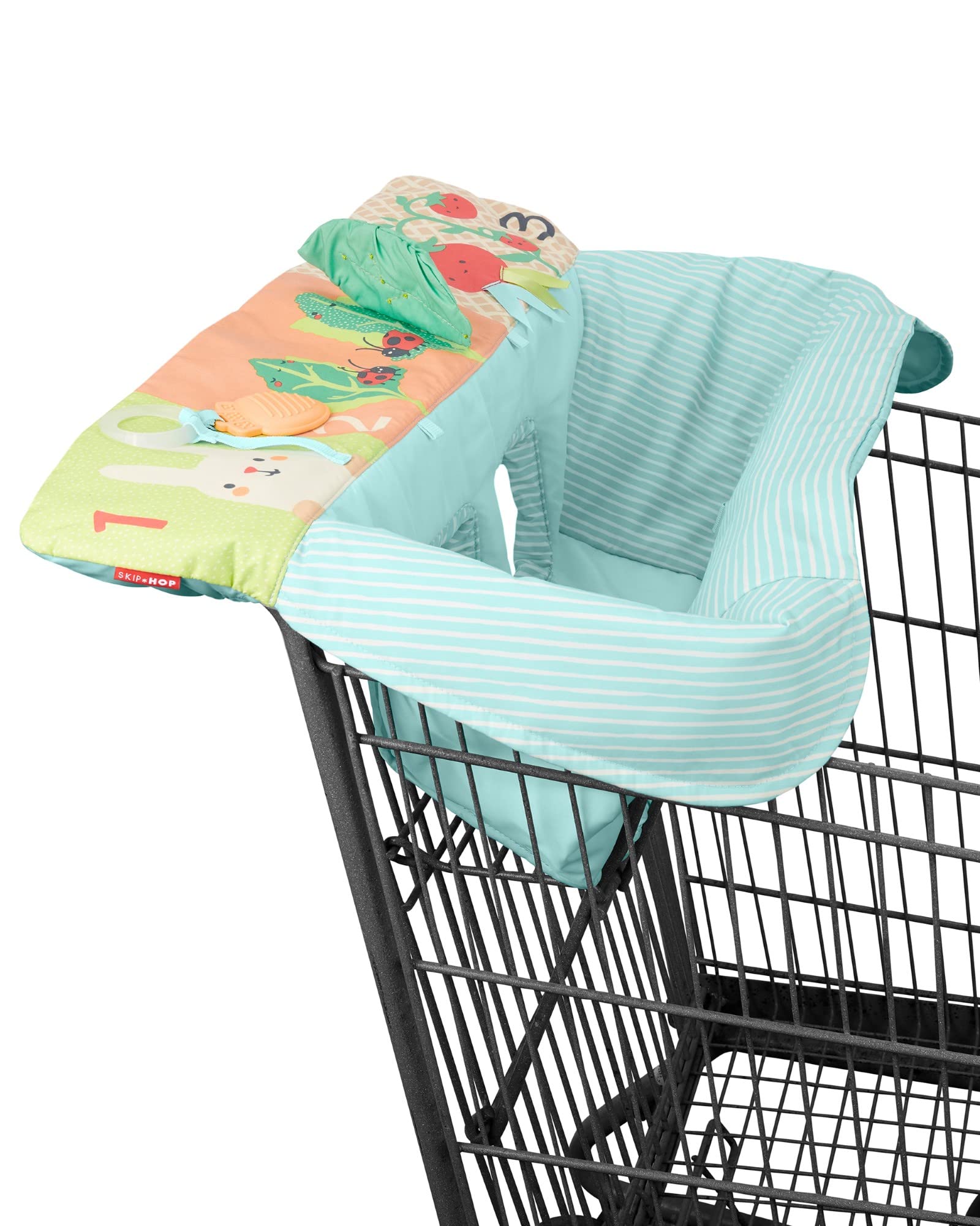 Skip Hop Farmstand cart cover on a grocery cart for a clean surface.
