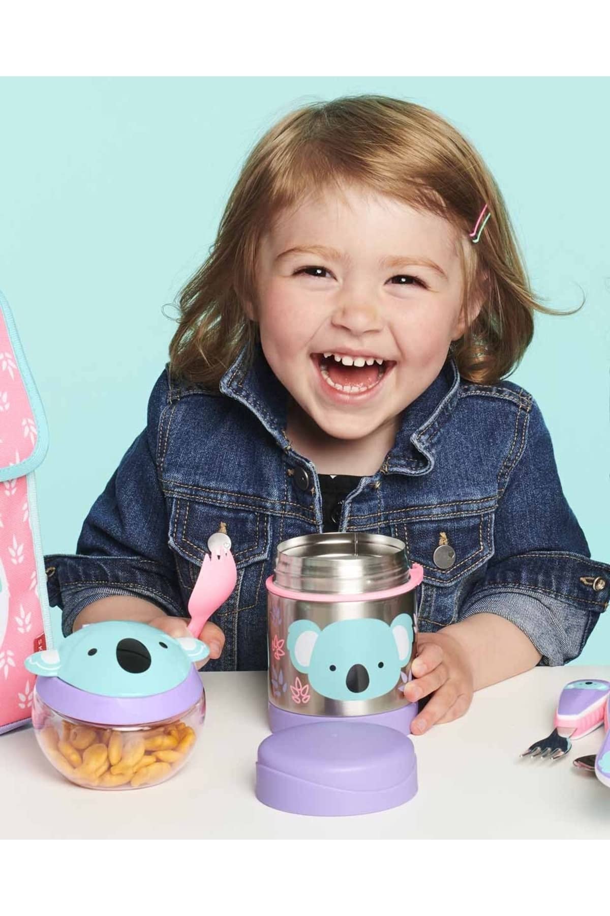 Skip Hop Koala food jar with built-in spork holder for utensils.