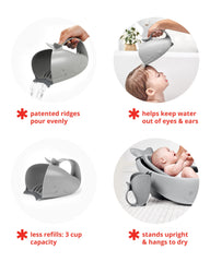 Skip Hop Moby rinse cup in use with one-handed pouring during bath