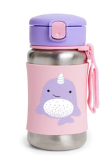 Skip Hop Narwhal stainless steel sippy bottle with grab strap keeps drinks handy.