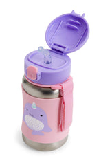 Narwhal stainless steel sippy bottle features pop-up lid and clean straw.