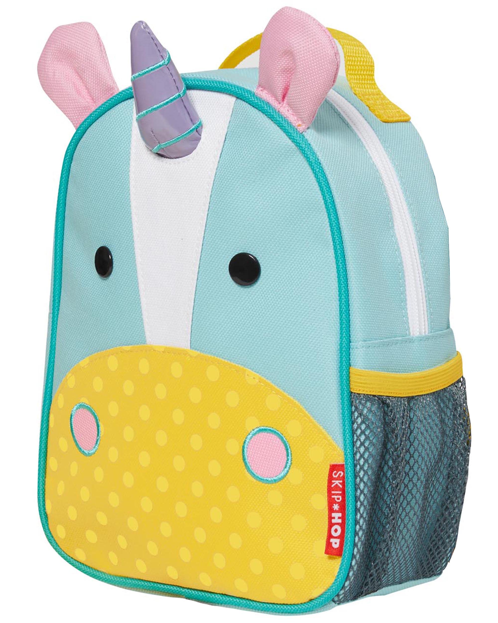 Skip Hop Zoo Unicorn backpack front view showing kid-friendly design and compact size.