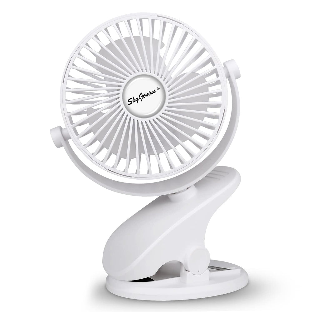 SkyGenius battery-operated clip-on fan offering portable cooling on the go.