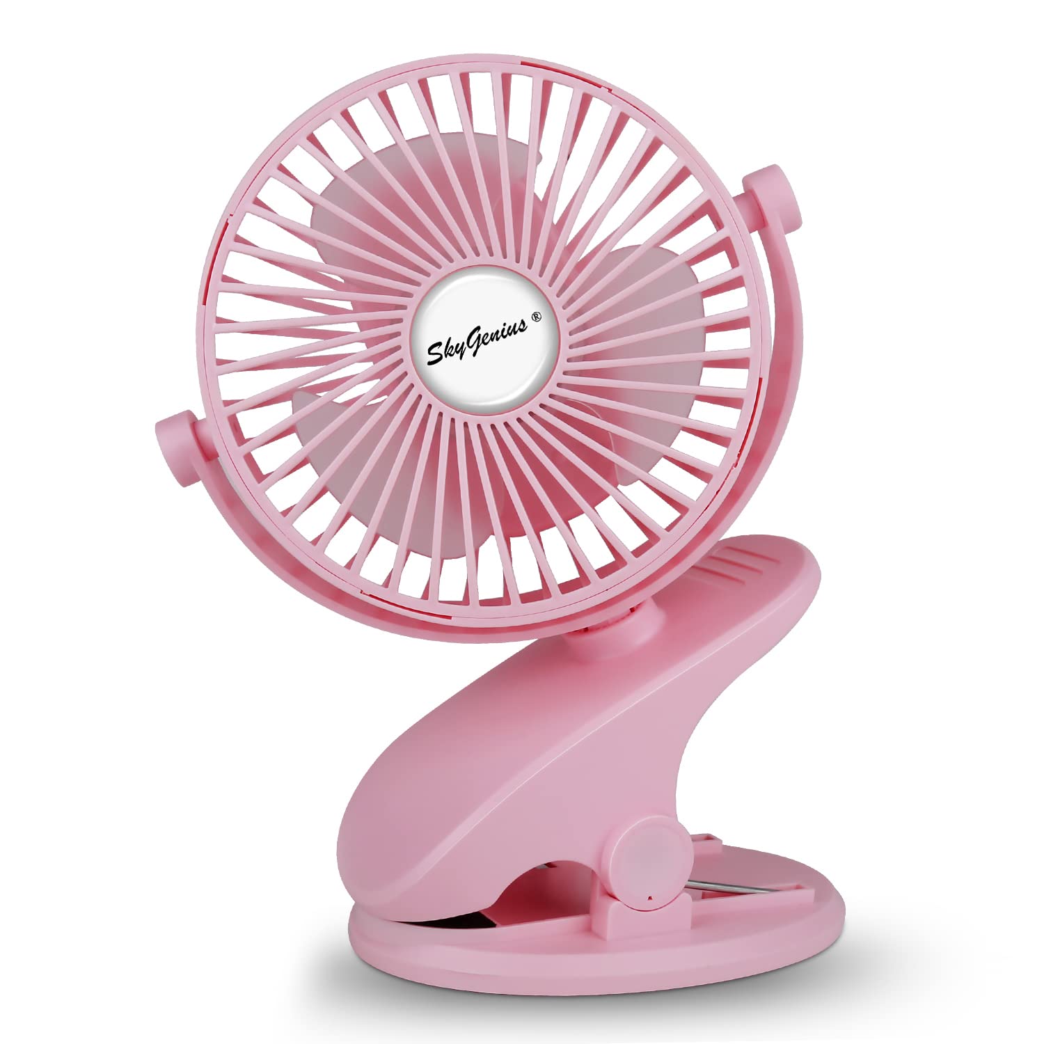 SkyGenius battery operated clip-on fan pink front view ideal for stroller cooling during outings