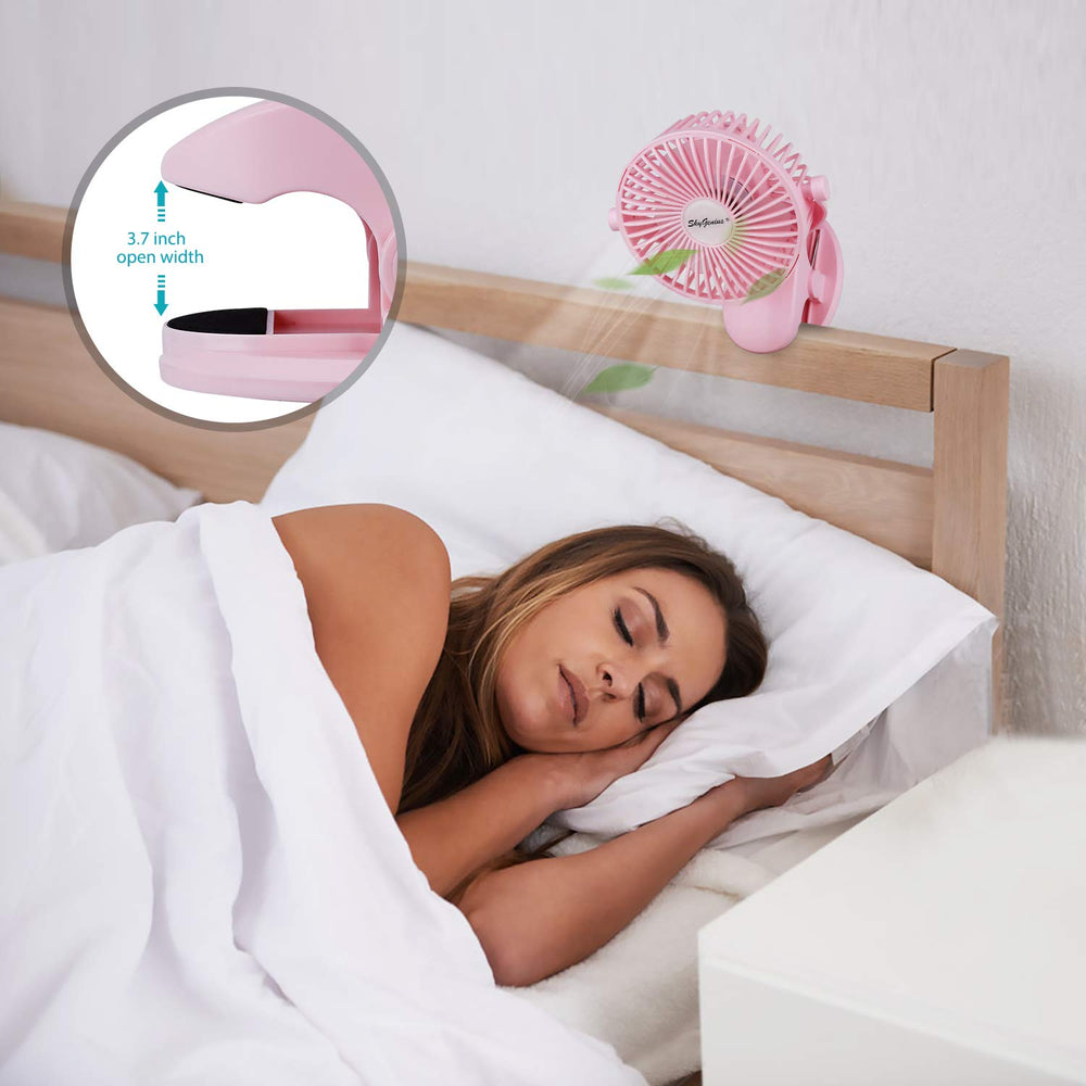 SkyGenius pink clip-on fan crib friendly stays nearby during nap time