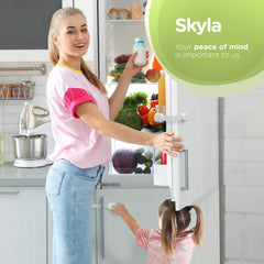 Skyla Homes adhesive locks being applied to a cabinet, no screws needed