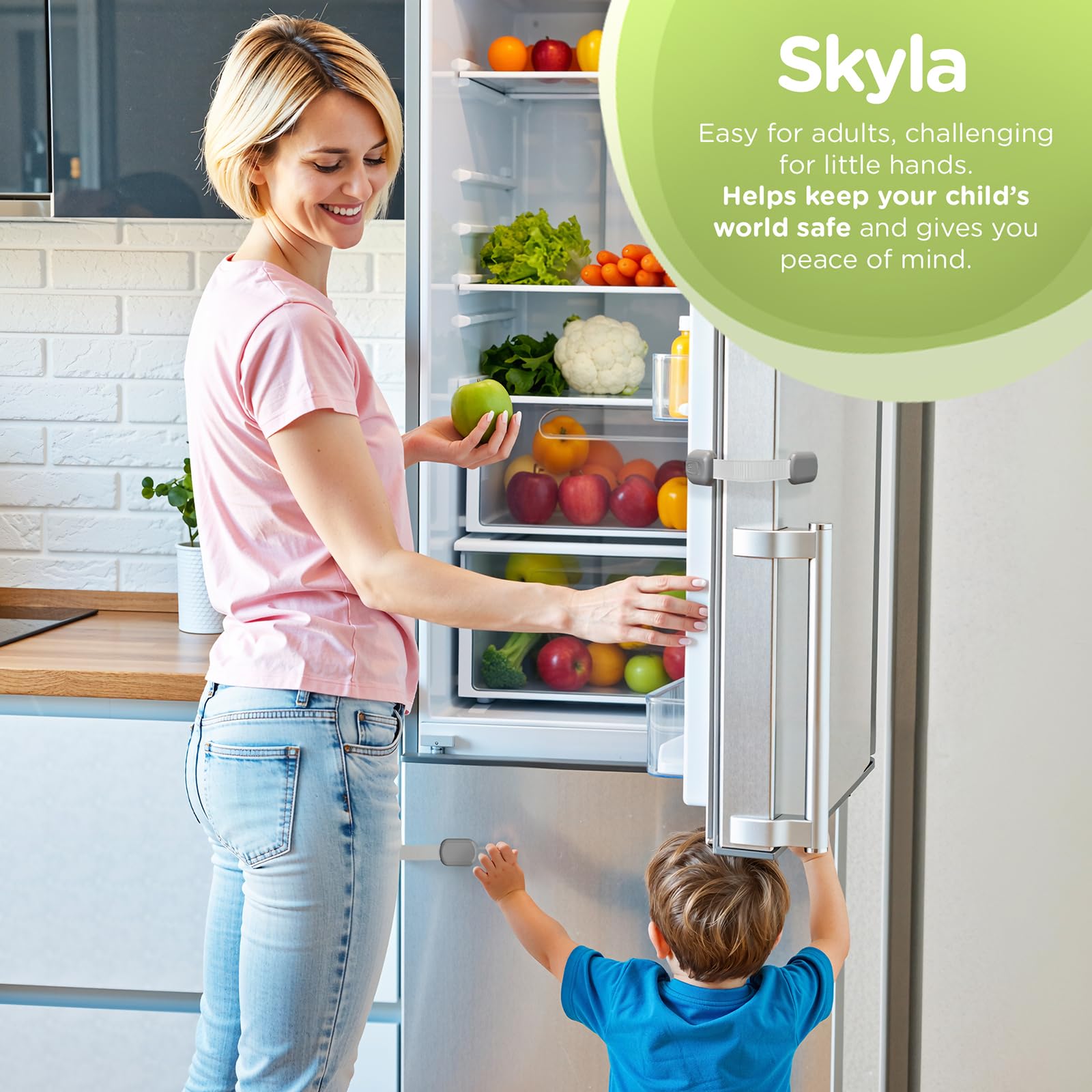 Skyla Homes kitchen cabinet latch installed on a door for child safety
