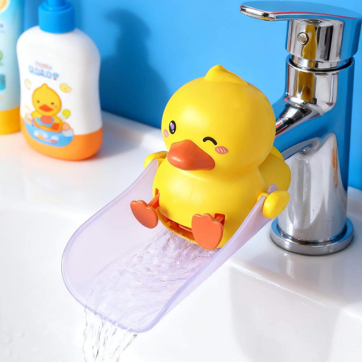 Skyroku Duck-Tastic Faucet Extender in action for toddlers during handwashing fun and reach.