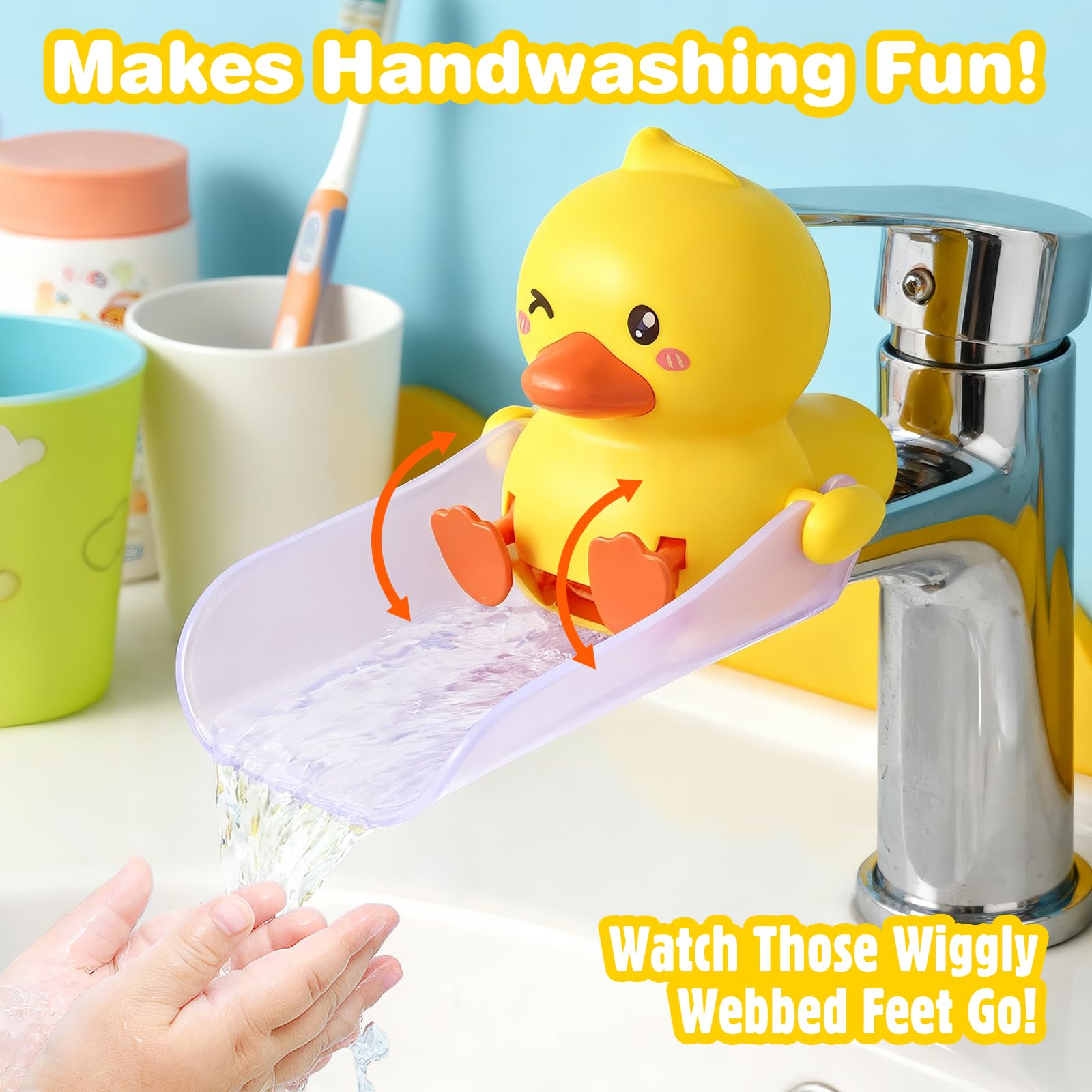 Skyroku kicking-legs duck action encourages independent handwashing in a fun way.