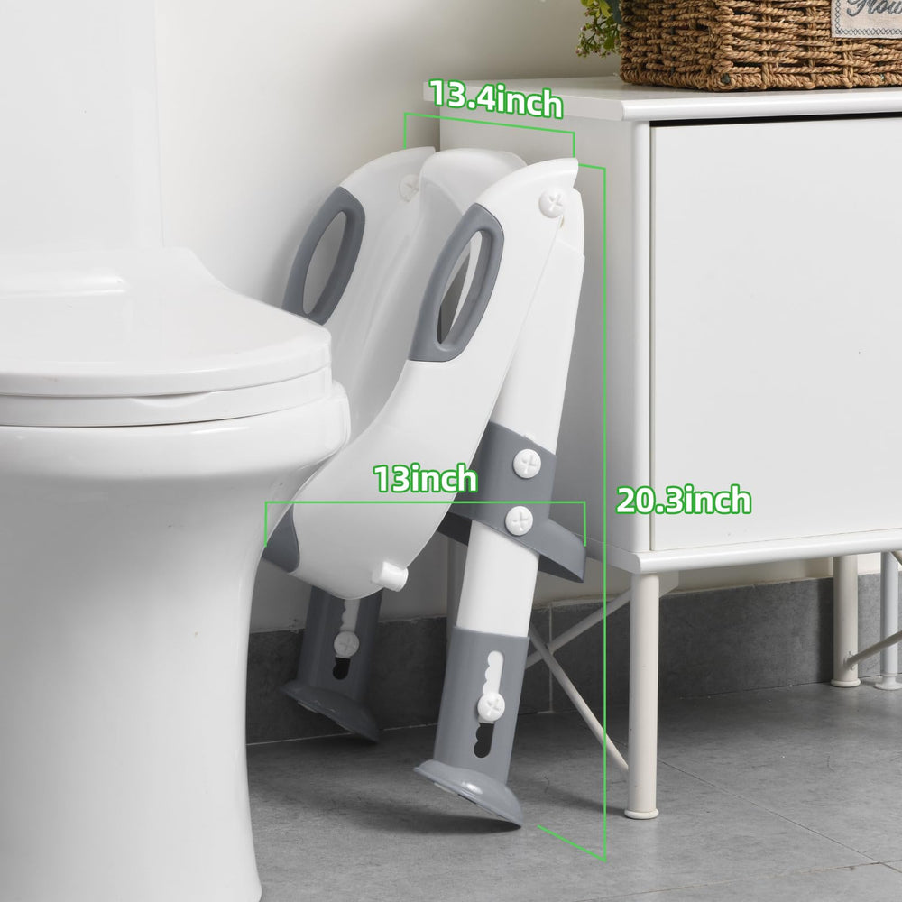 Foldable SKYROKU potty seat stored in a compact bathroom corner