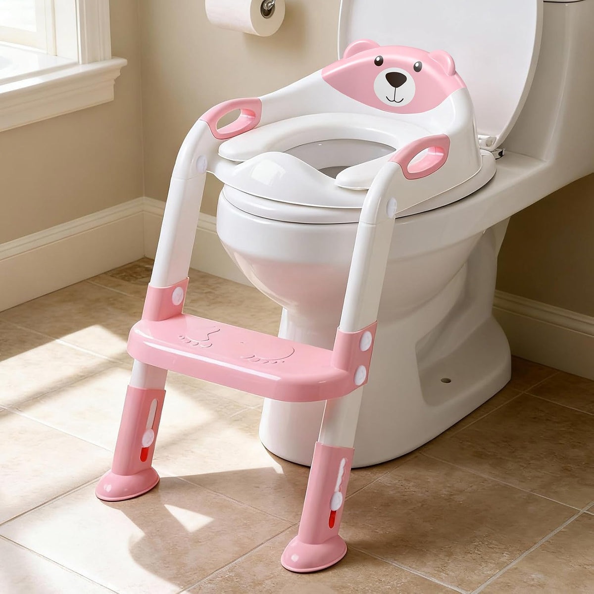 SKYROKU potty seat with step-stool folded for compact bathrooms and easy storage.