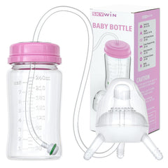Skywin TidyFriend anti-colic bottle pink with straw for hands-free feeding