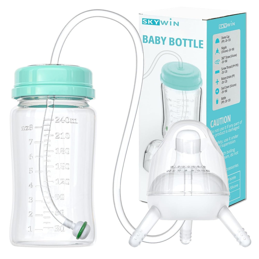 Skywin TidyFriend bottle with straw enabling hands-free feeding for caregiver comfort.