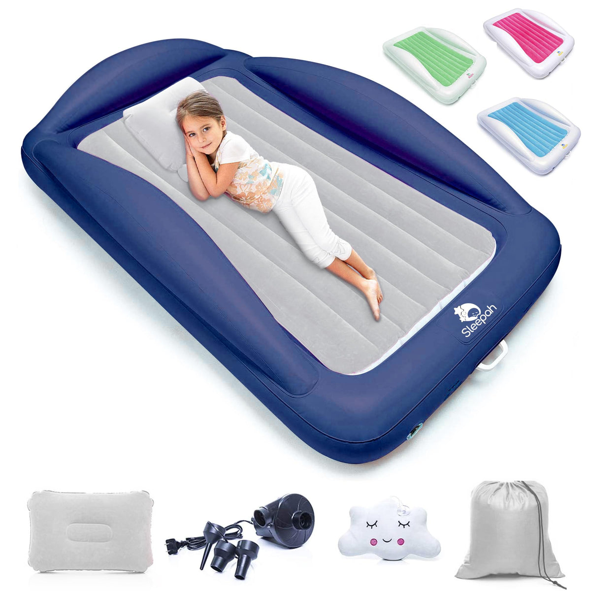 Sleepah inflatable toddler bed front view in coral gray, ideal for safe travel nights