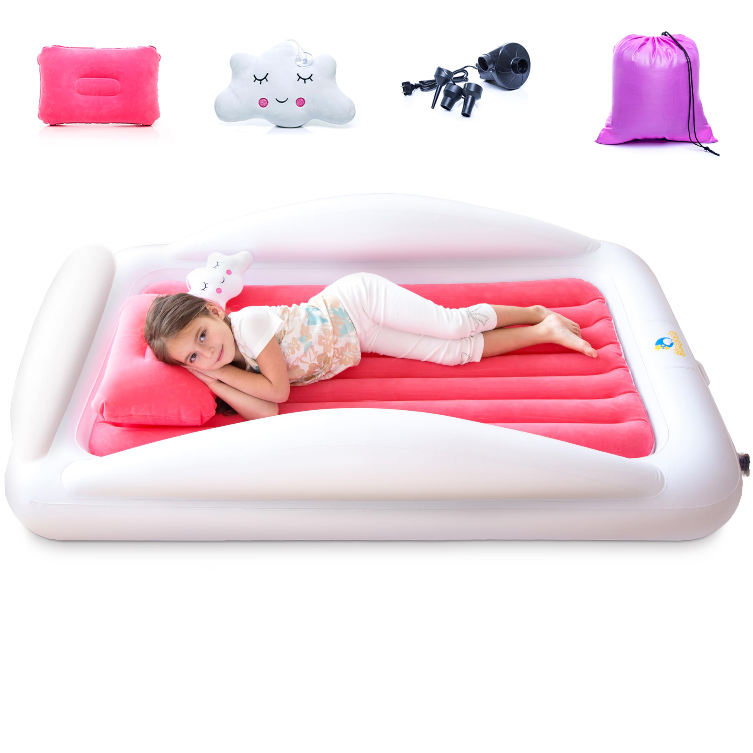 Sleepah inflatable toddler travel bed with pump for quick setup and portability.