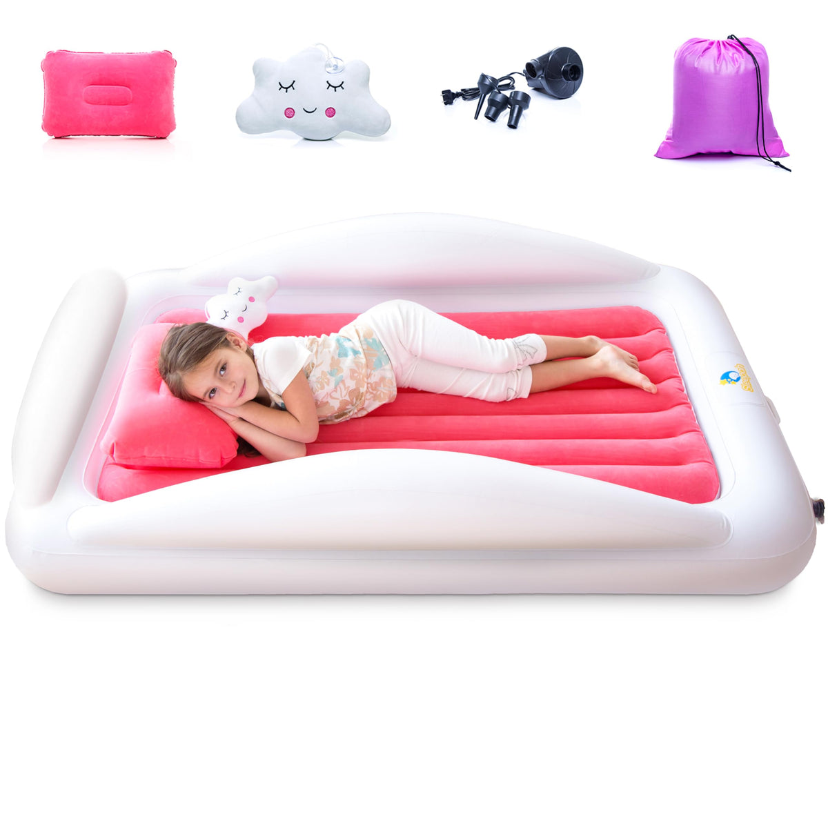 Sleepah inflatable toddler travel bed with pump for quick setup and portability.
