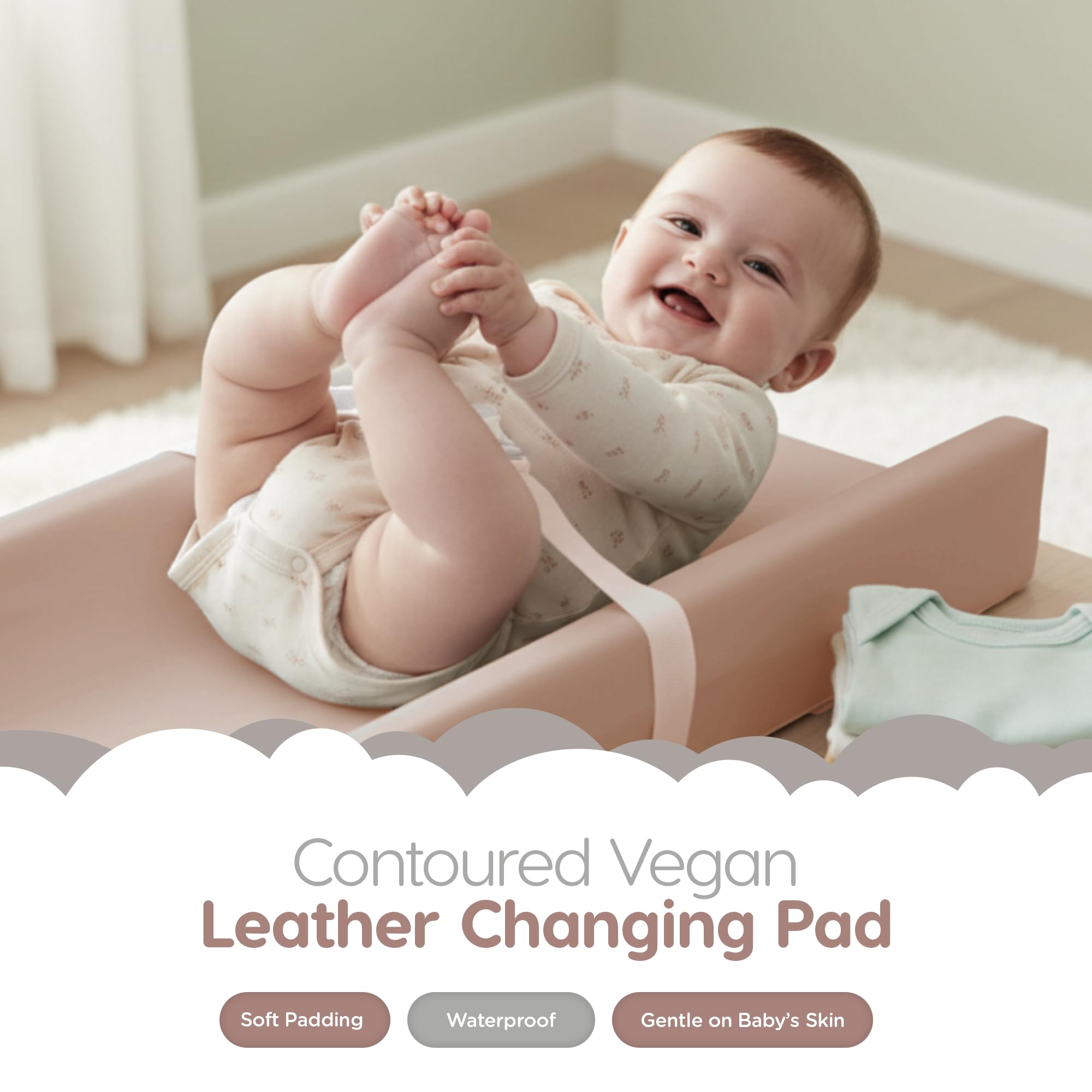 Sleepah tan changing pad stays clean with simple wipe cleanup.