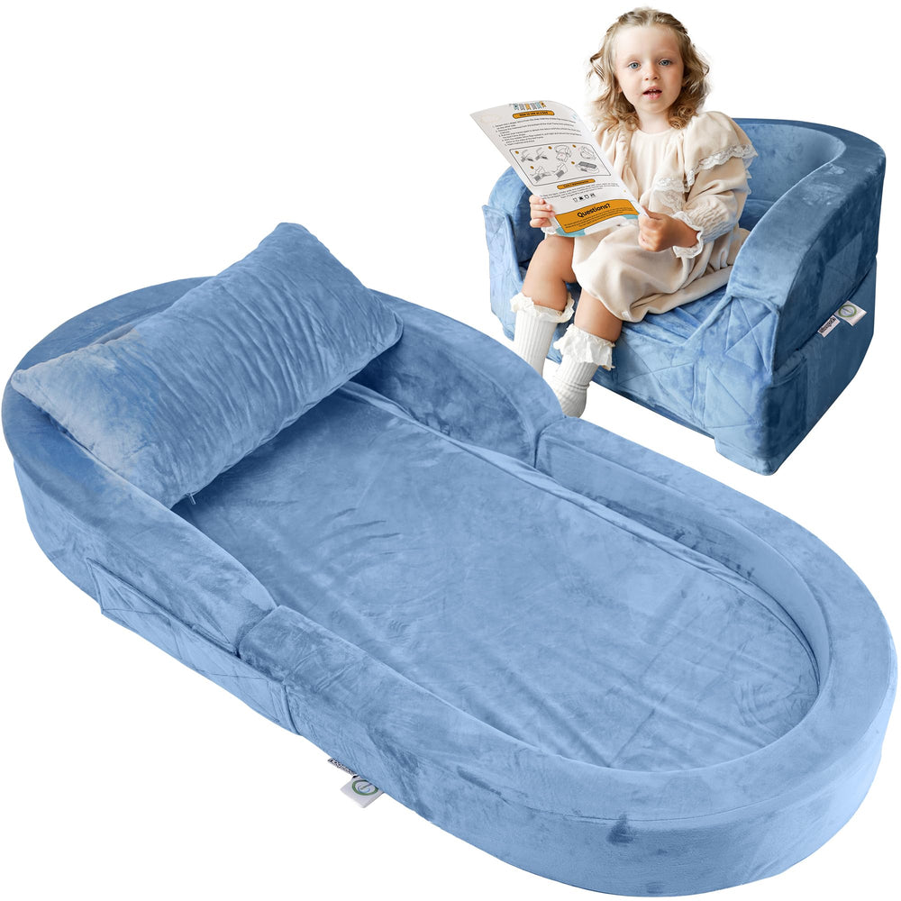 Sleepah blue fold-out chair bed ready for lounging at home.