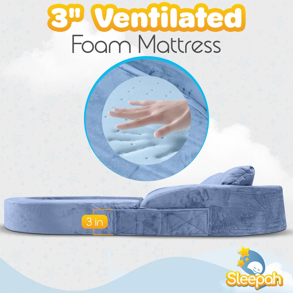 Sleepah travel bed foam core and raised bumpers for toddler comfort.