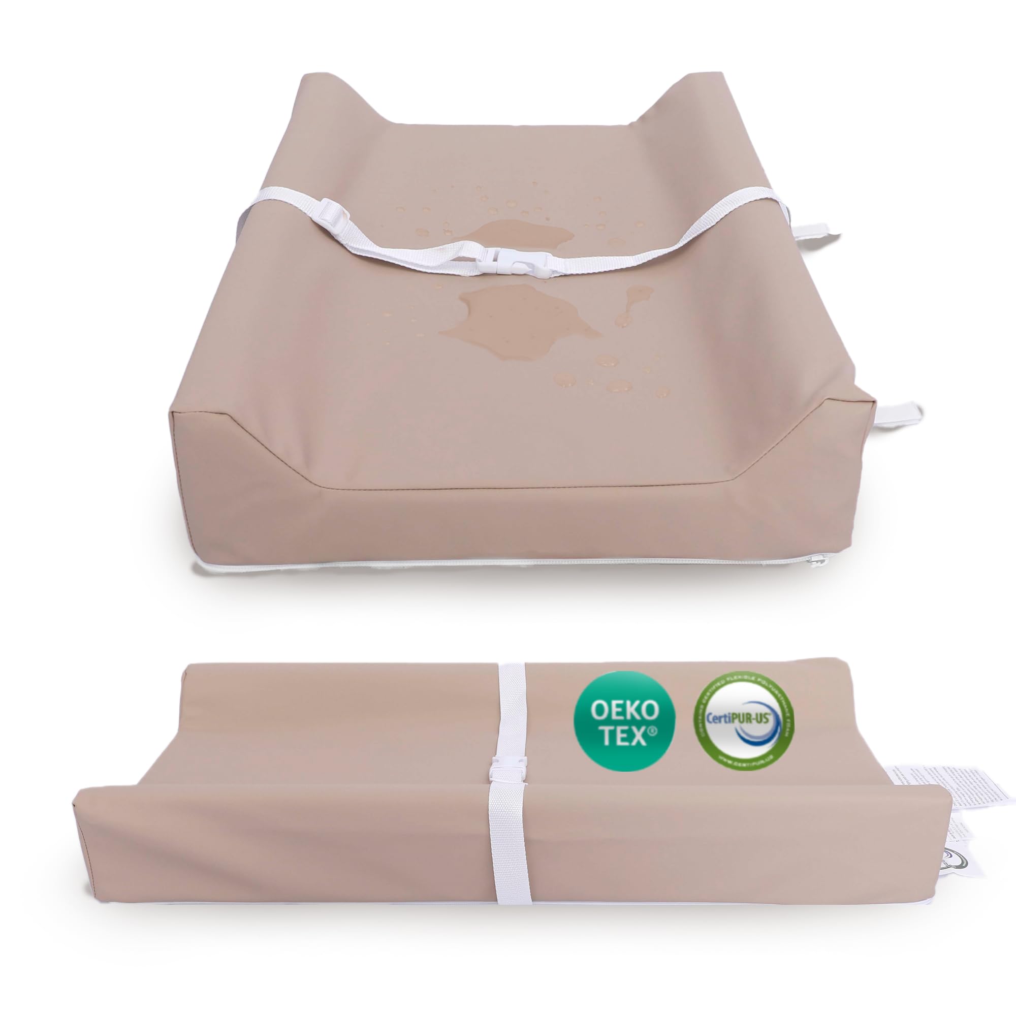 Sleepah waterproof diaper changing pad in tan with wipeable surface for quick cleanups.