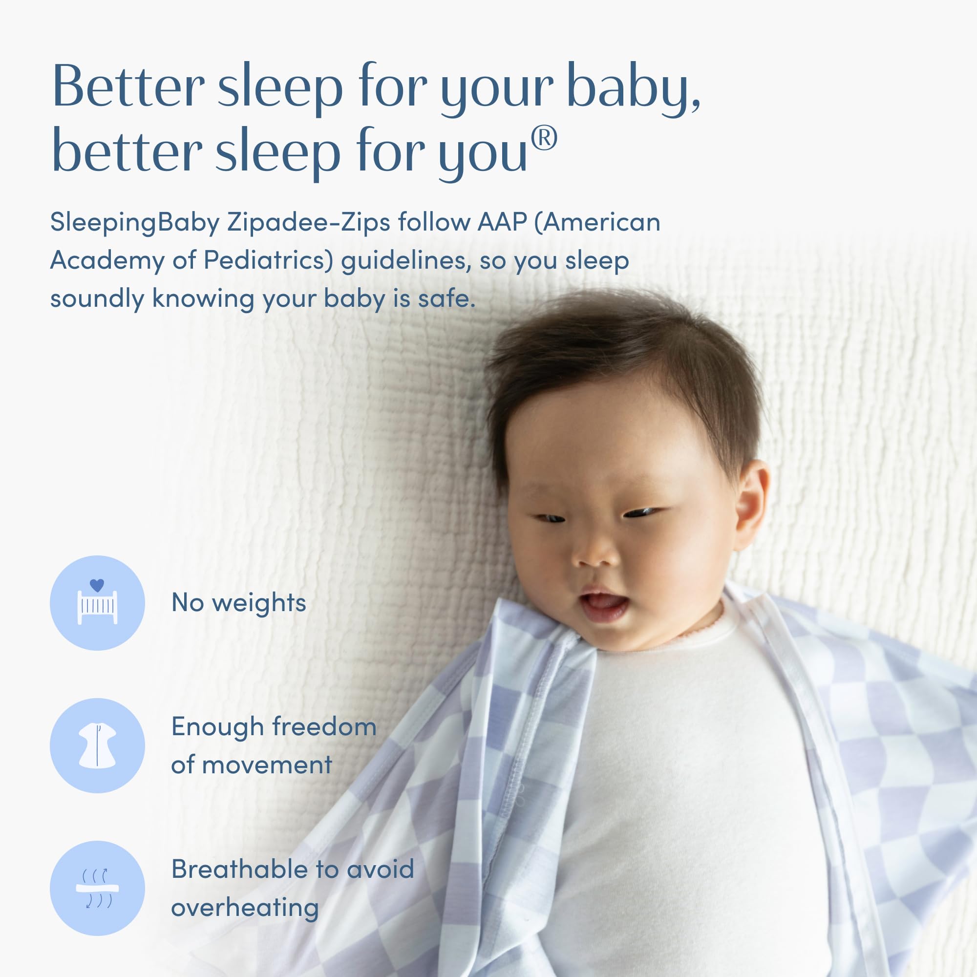 SleepingBaby Zipadee-Zip arms-up sleep support may reduce startle disruptions.