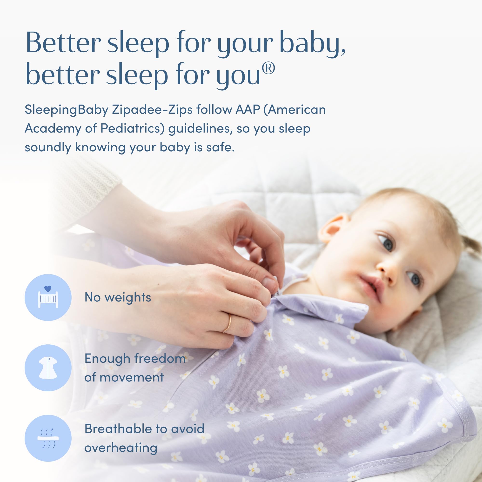 SleepingBaby Zipadee-Zip arms-up sleep support reduces wake-ups with gentle pressure