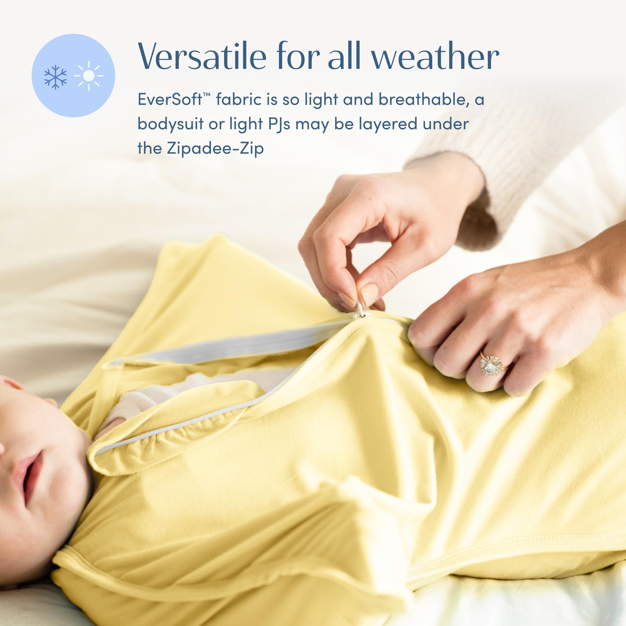 SleepingBaby Sunshine color adds a soft, summery vibe to nursery outfits.