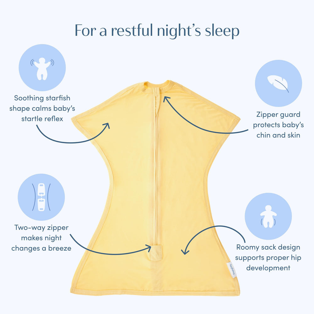 SleepingBaby Bamboo Zipadee-Zip Sunshine starfish design provides cozy containment.