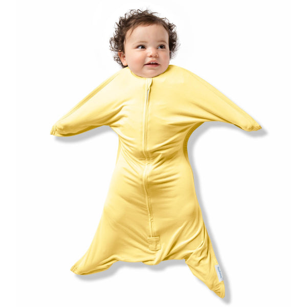 SleepingBaby Bamboo Zipadee-Zip in Sunshine shows a snug, secure arms-up feel for better sleep.