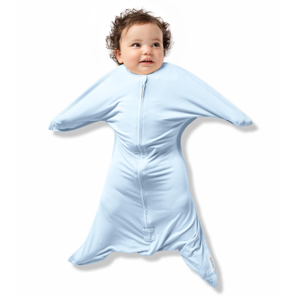 SleepingBaby Bamboo Zipadee-Zip swaddle sky blue close-up demonstrates soft breathable fabric for delicate skin